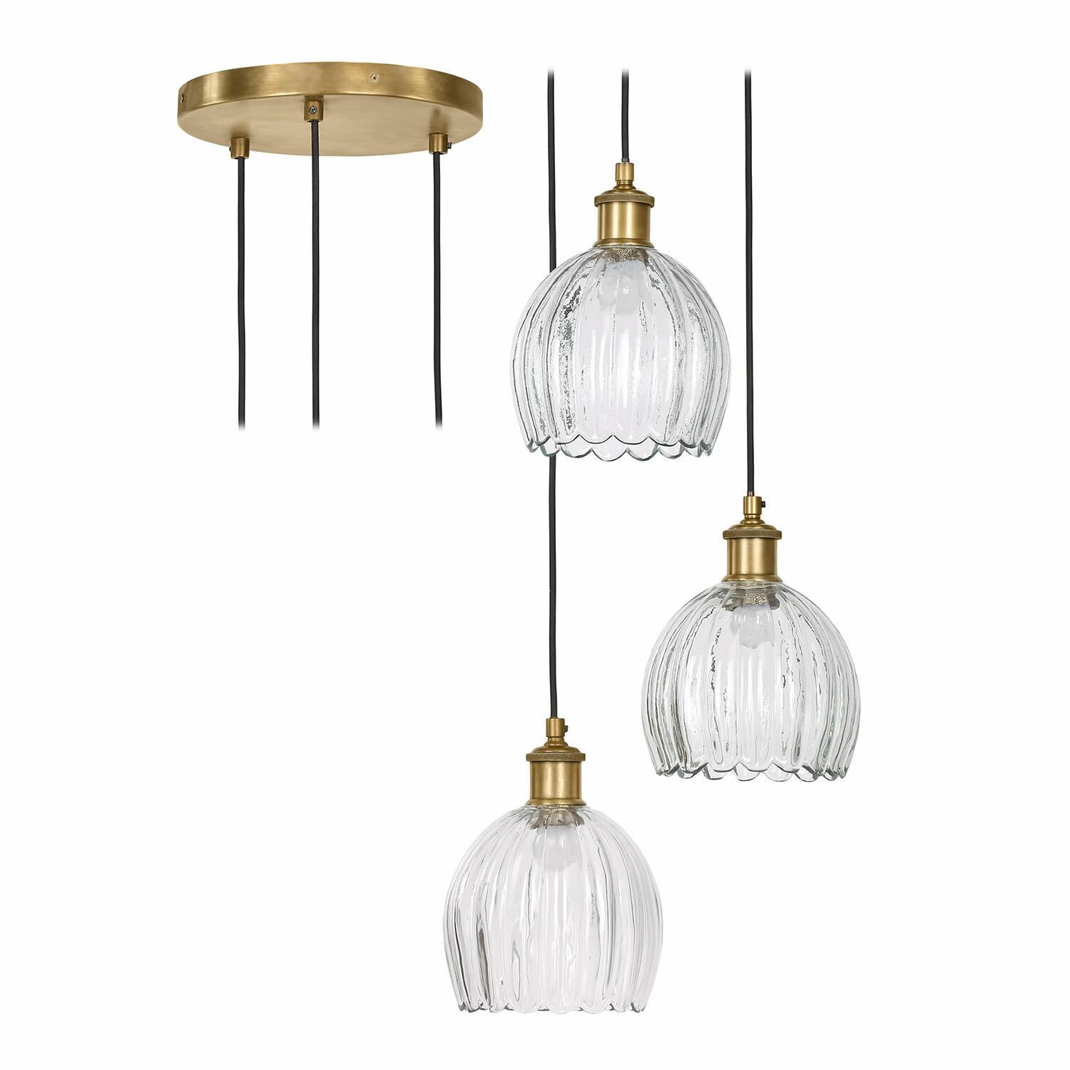 Suspension Rilenov Suspension avec trois abat-jours en verre et éléments en laiton, éclairage moderne et élégant