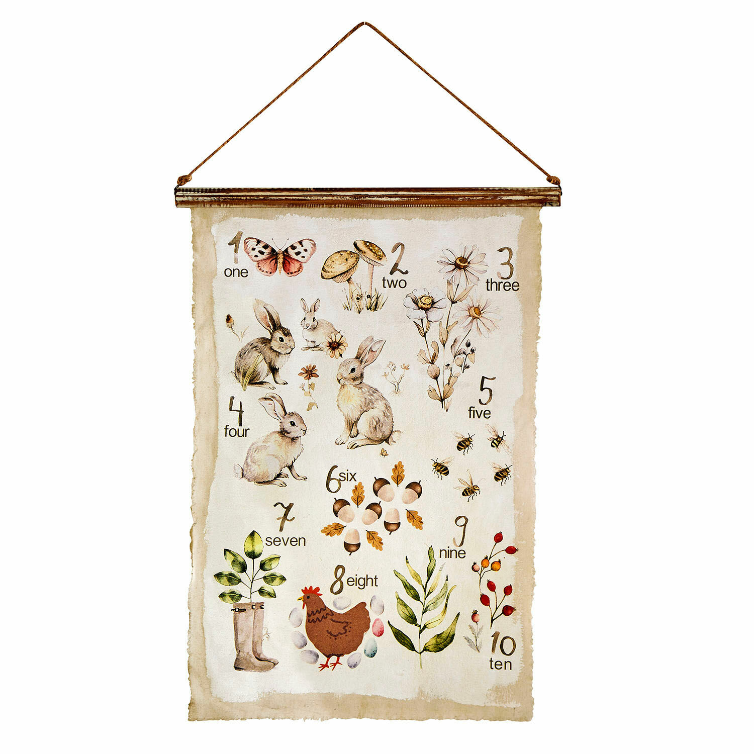 Tableau Kalhira Affiche décorative avec chiffres et illustrations de lapins, fleurs et animaux sur fond beige