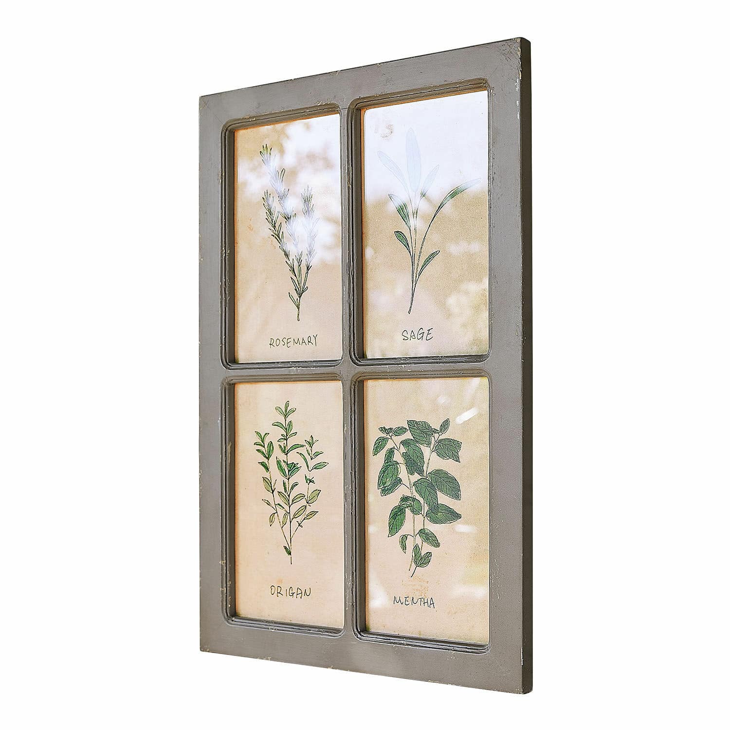 Cadre Beaurive Cadre mural décoratif en bois gris avec illustrations d'herbes romarin, sauge, origan et menthe