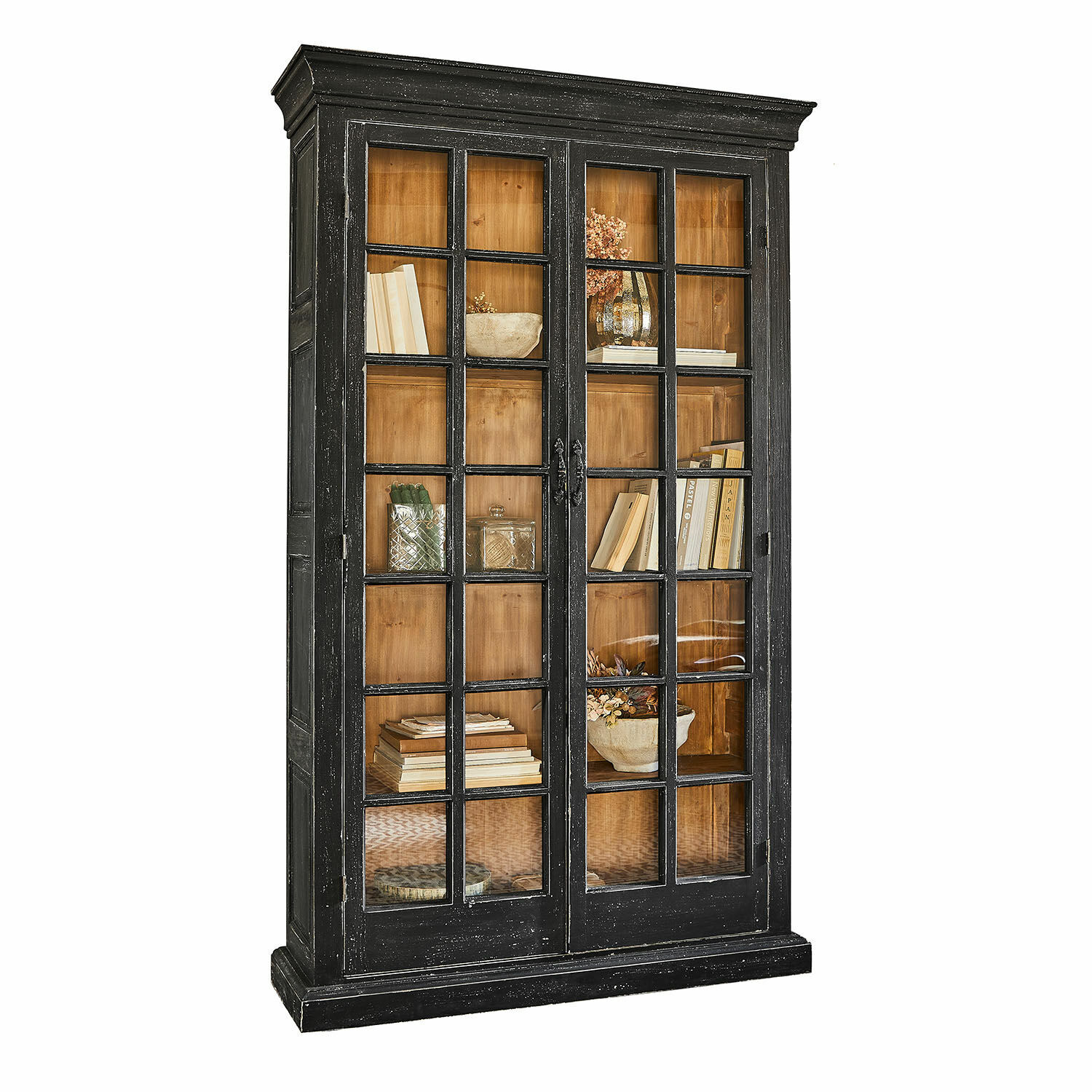 Vaisselier Mervique Vitrine en bois noir avec portes vitrées et intérieur naturel, meuble de salon élégant