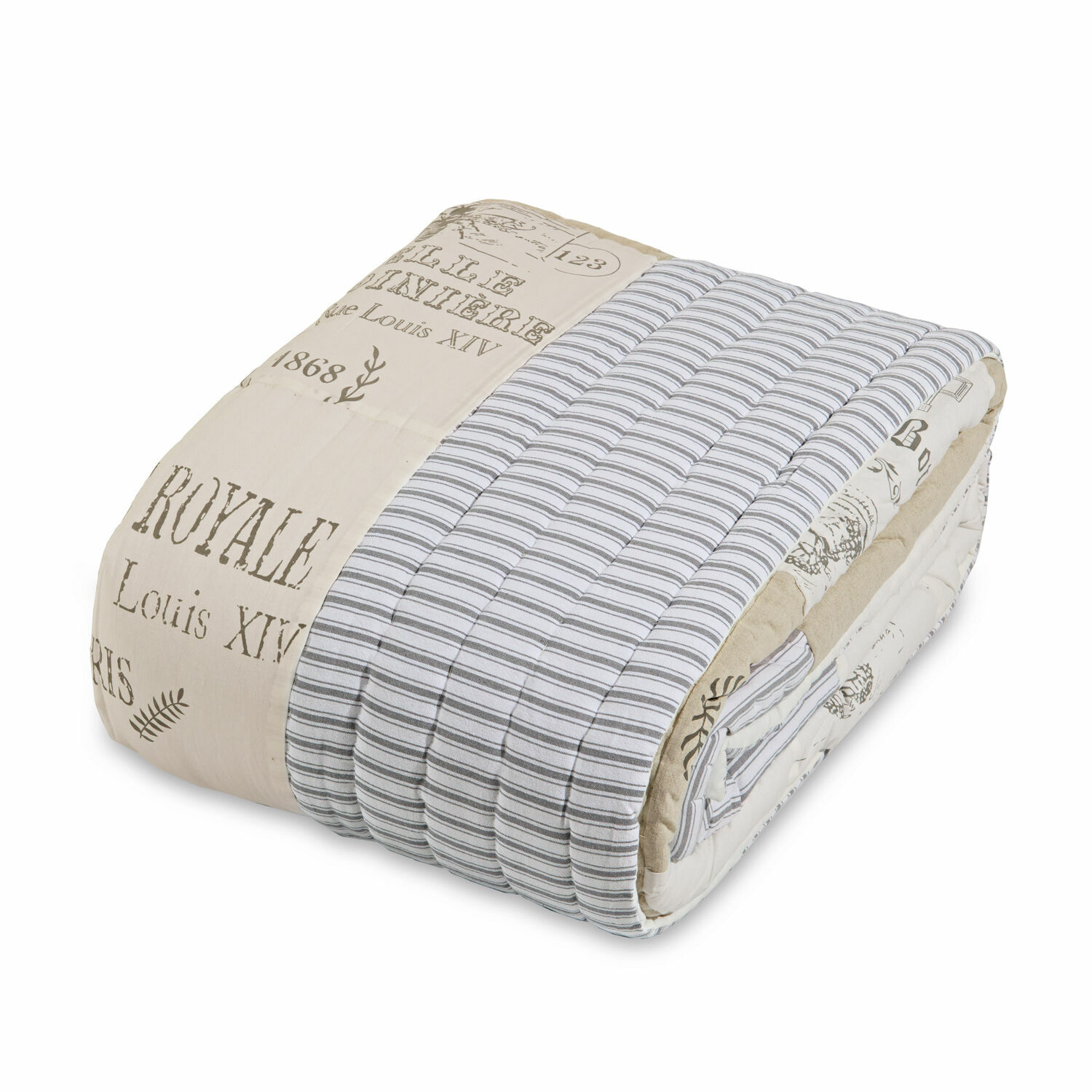Courtepointe Framingham Couvre-lit matelassé en coton beige et gris à rayures avec imprimé texte, linge de maison décoratif