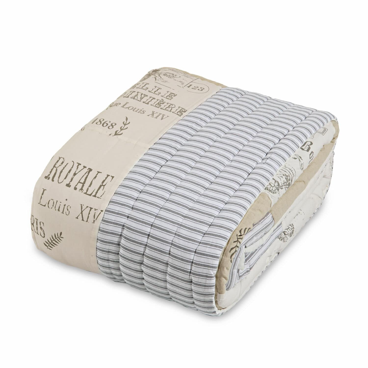 Courtepointe Framingham Couvre-lit matelassé en coton beige et gris à rayures avec imprimé texte, linge de maison décoratif