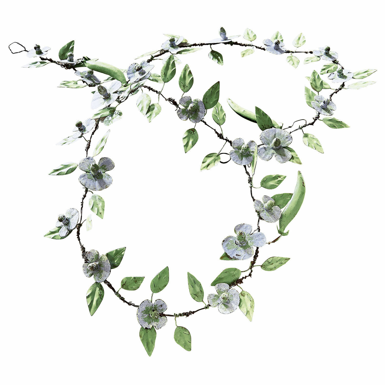 Guirlande Cecilia Guirlande décorative en métal avec feuilles vertes et fleurs blanches pour intérieur et jardin