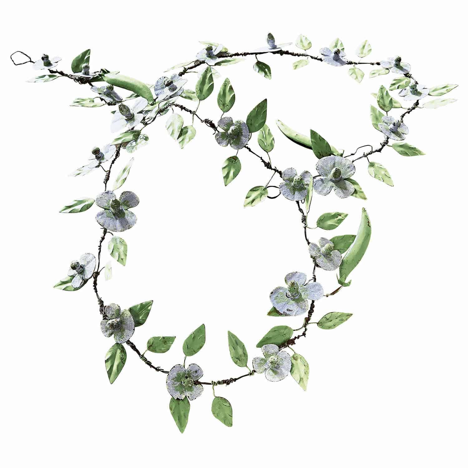 Guirlande Cecilia Guirlande décorative en métal avec feuilles vertes et fleurs blanches pour intérieur et jardin
