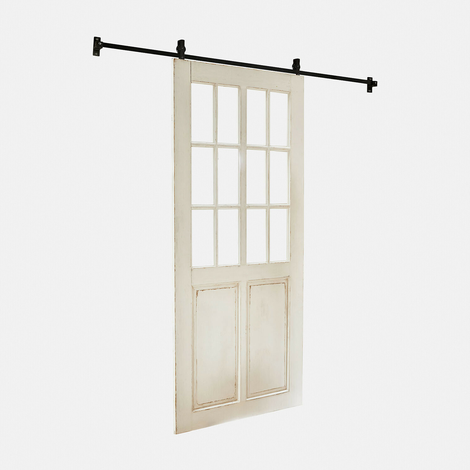 blanc vieilli Porte coulissante Sorelles en bois blanc antique avec panneaux et vitres décoratives