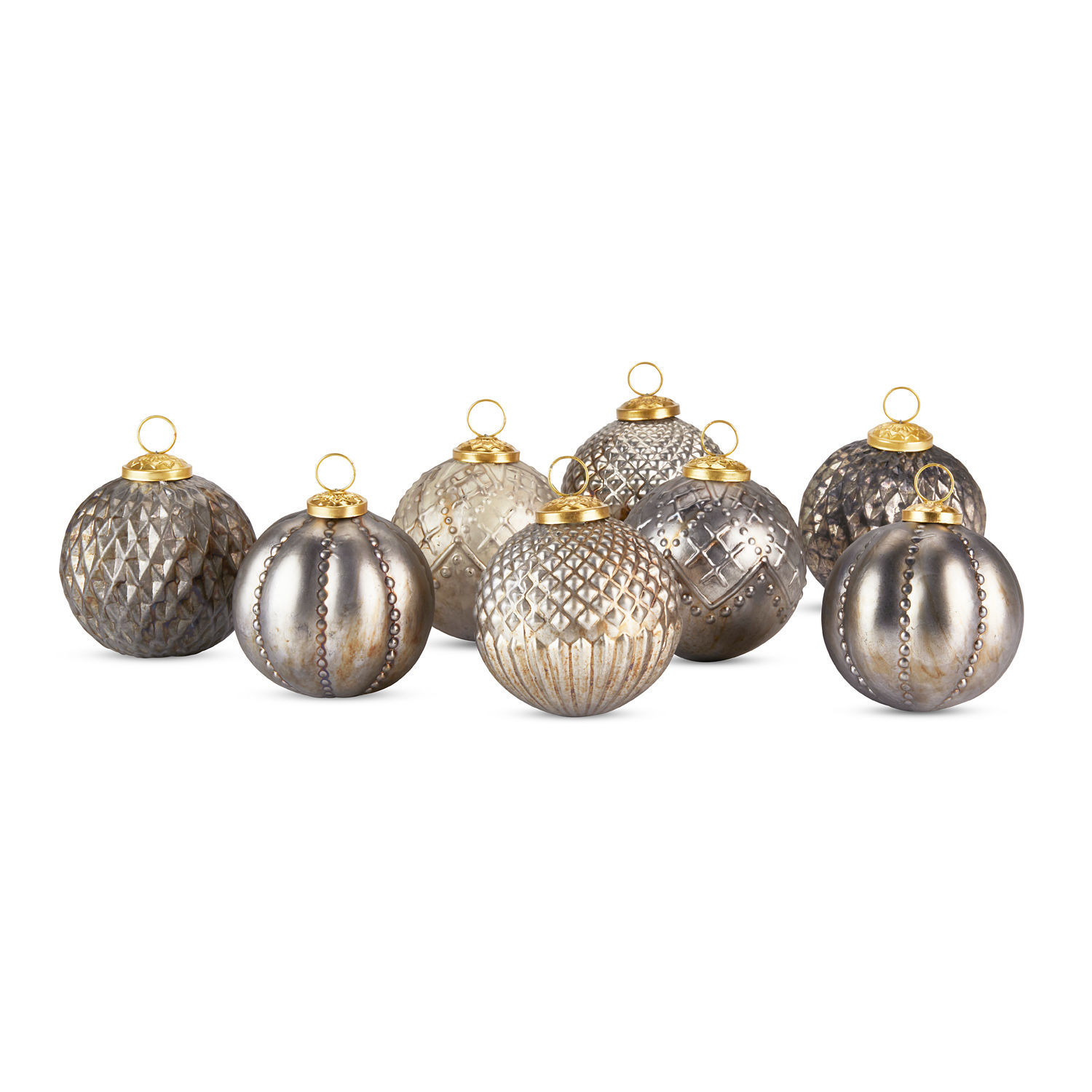 Lot de 8 décorations de Noël Silverlake Ensemble de huit boules de Noël en métal argenté avec attaches dorées décoratives