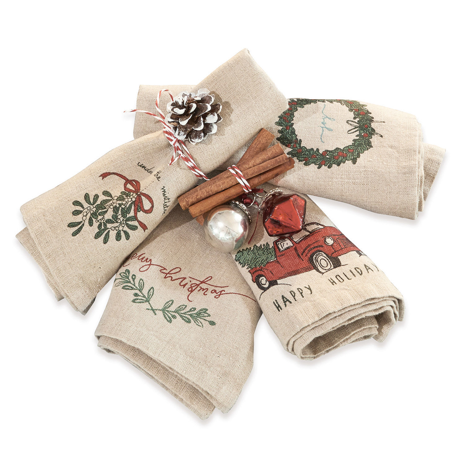 Lot de 4 serviettes Camon Torchons en lin beige avec motifs de Noël rouges et verts, décorations festives pour cuisine