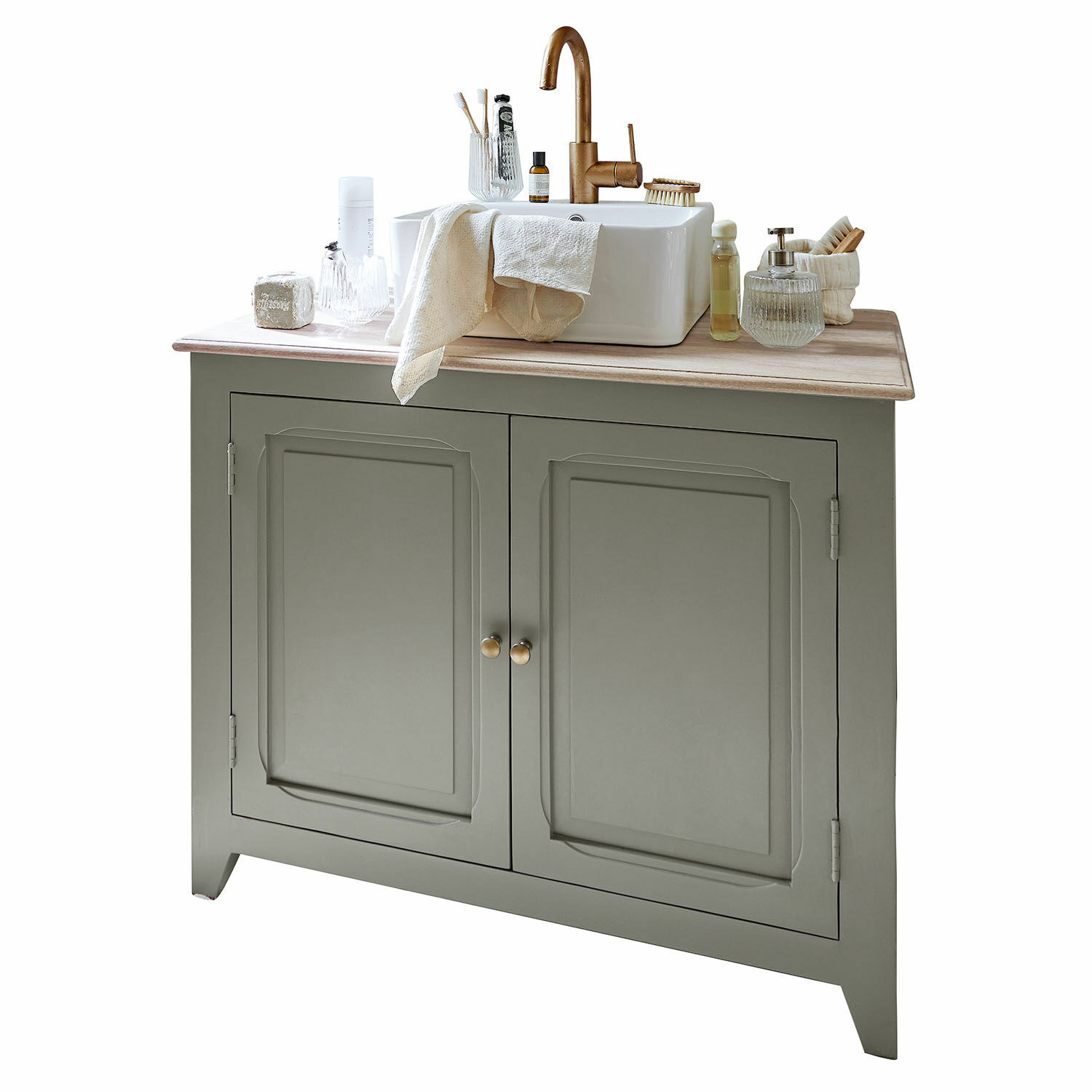 Meuble et vasque Bastanès Meuble de salle de bain vert avec lavabo en céramique blanche sur plan en bois clair