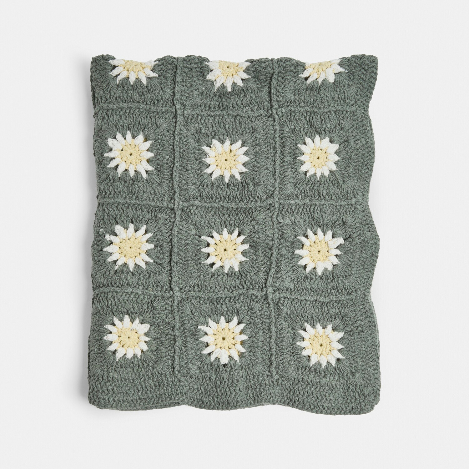 Plaid Poppeline Coussin crocheté à la main avec motif floral vert et crème, décoration intérieure tendance