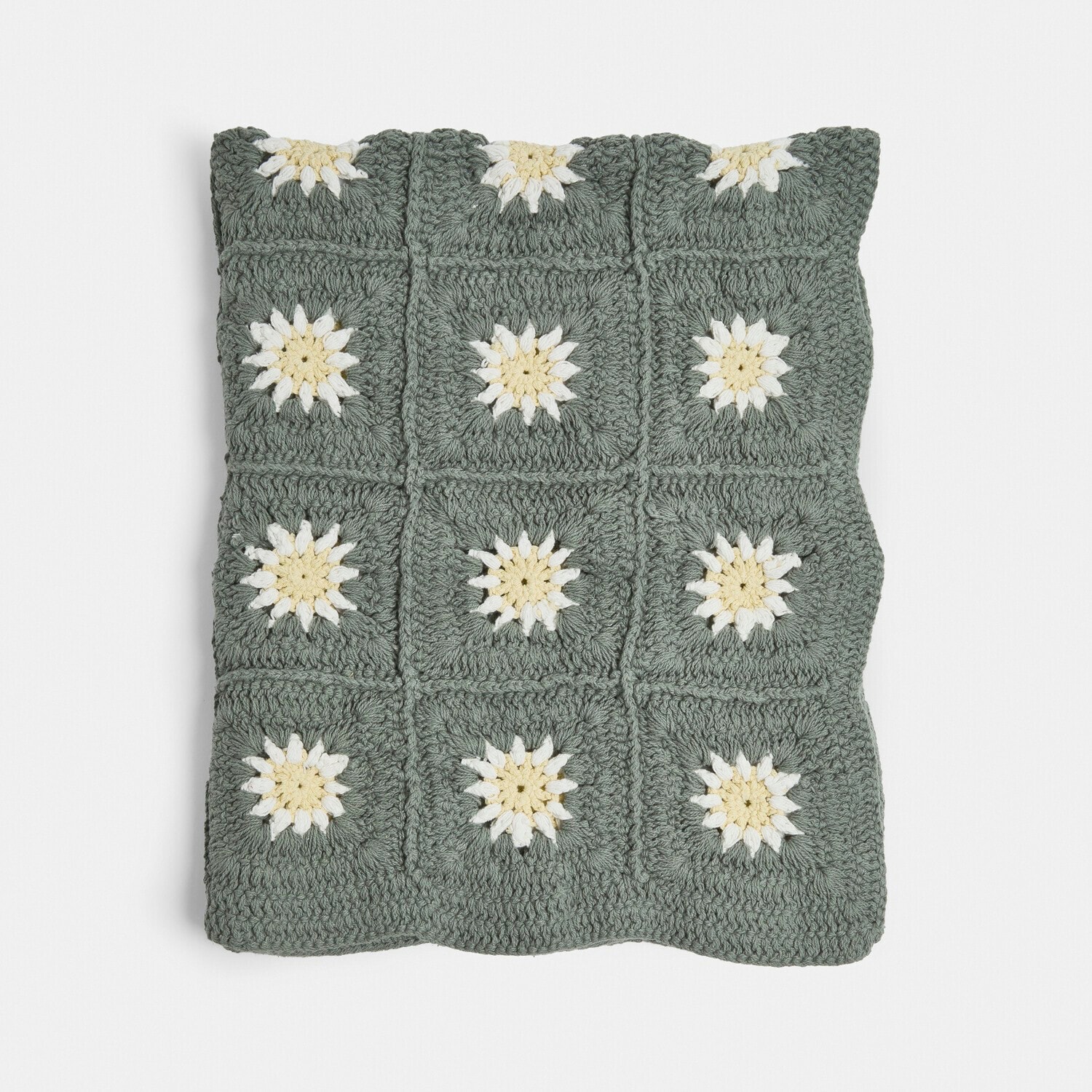 Plaid Poppeline Coussin crocheté à la main avec motif floral vert et crème, décoration intérieure tendance