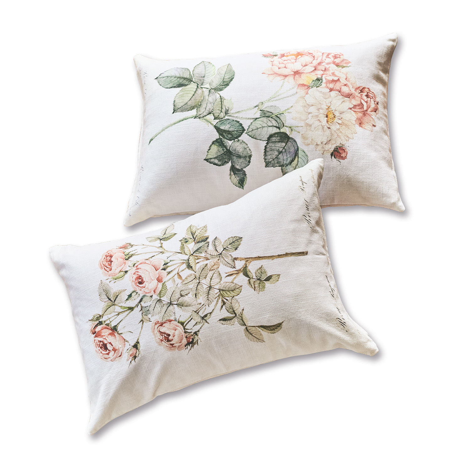Lot de 2 housses de coussins Girona Deux coussins en lin blanc avec imprimé floral de roses pastel pour décoration intérieure