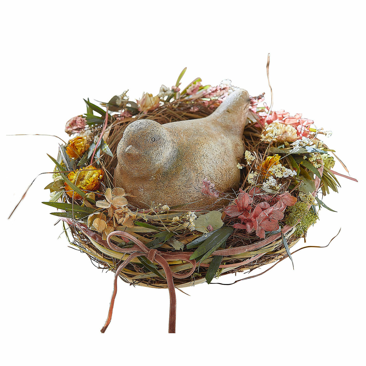 Figurine décorative Nafisah Couronne décorative avec fleurs séchées et oiseau en céramique aux couleurs naturelles pour le printemps