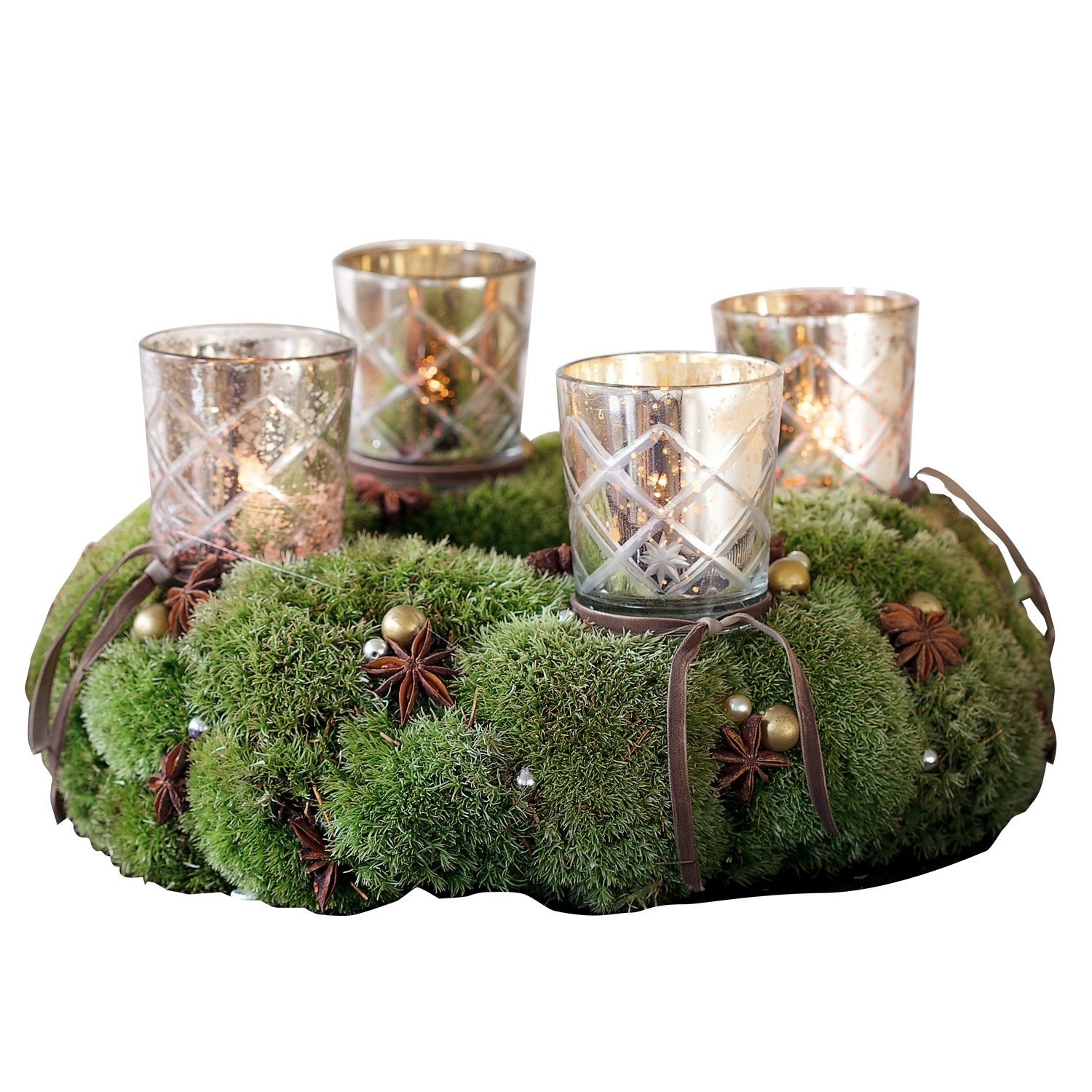 Lot de 4 photophores à piquer Clara Couronne de l'Avent en mousse verte avec photophores en verre doré pour décoration de Noël