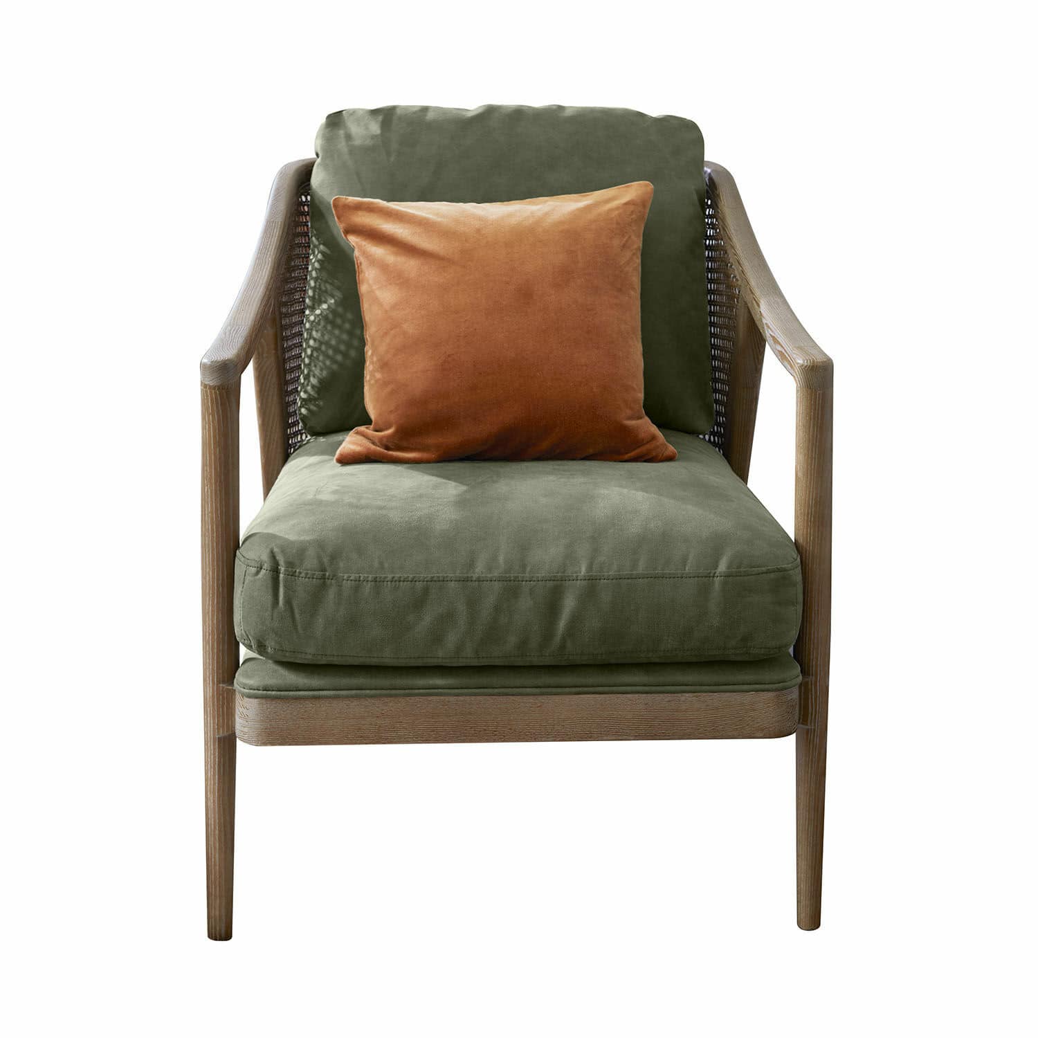 Fauteuil Monterina Fauteuil en bois avec coussins verts en tissu et coussin décoratif orange