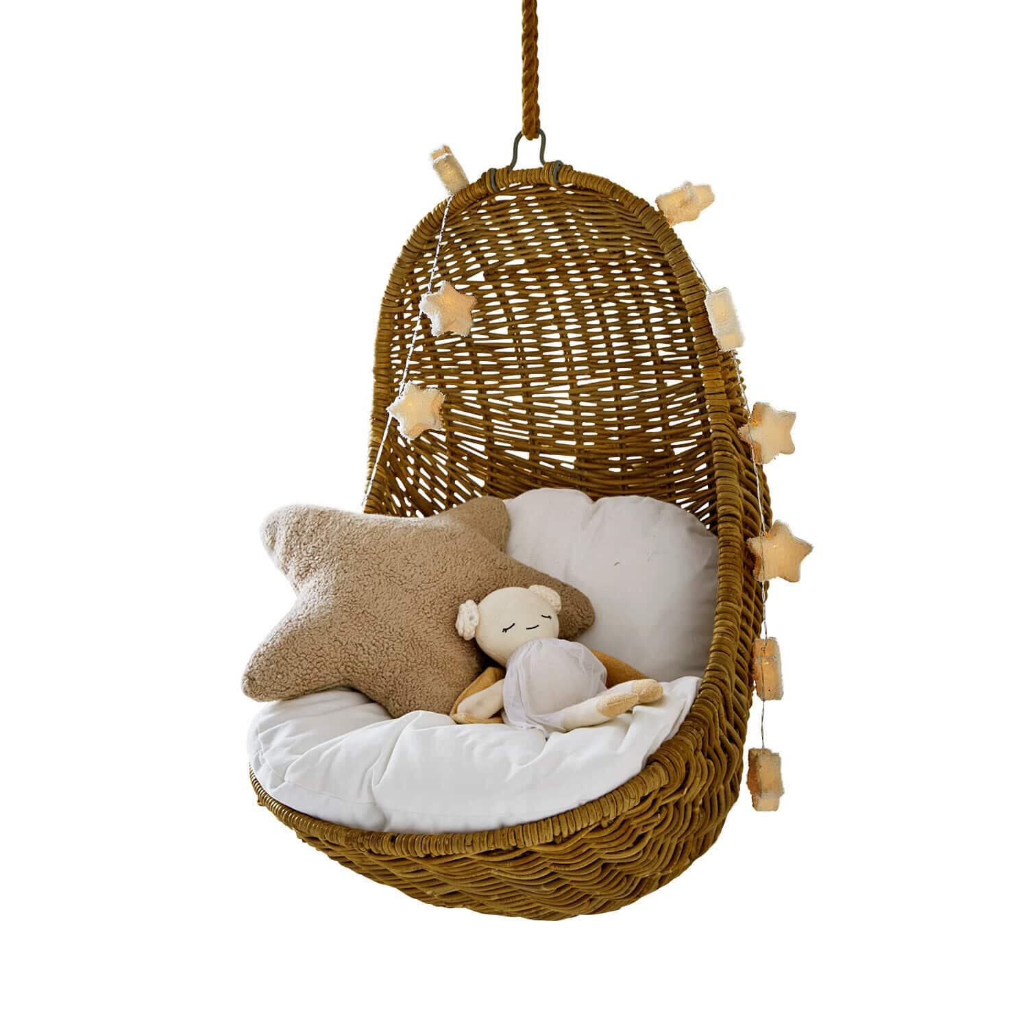 Fauteuil suspendu pour enfant Twinkla Fauteuil suspendu en rotin avec coussin blanc, coussin étoile beige et poupée en peluche douce