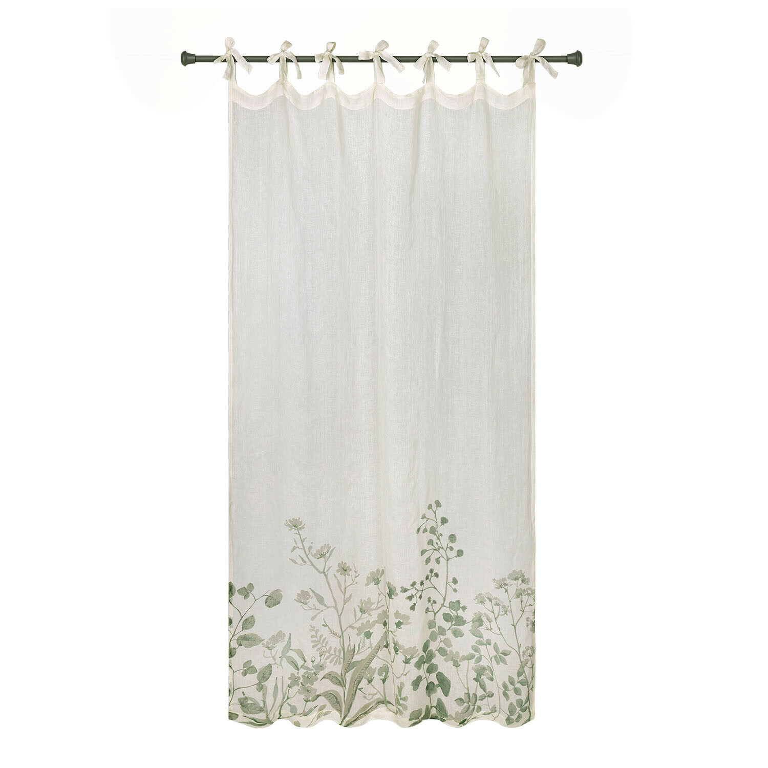 Rideau en lin blanc avec motif végétal vert en bas, léger et décoratif pour la maison