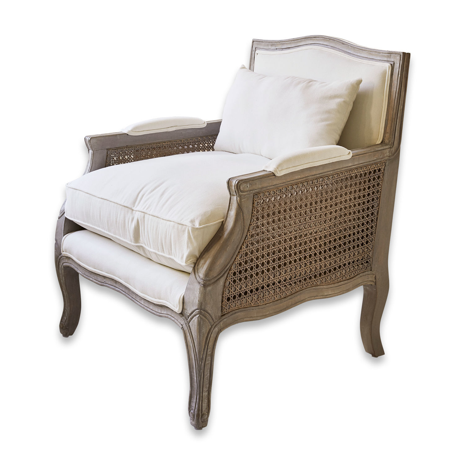 Fauteuil Alfort Fauteuil élégant en bois et rotin gris avec coussins crème pour salon confortable