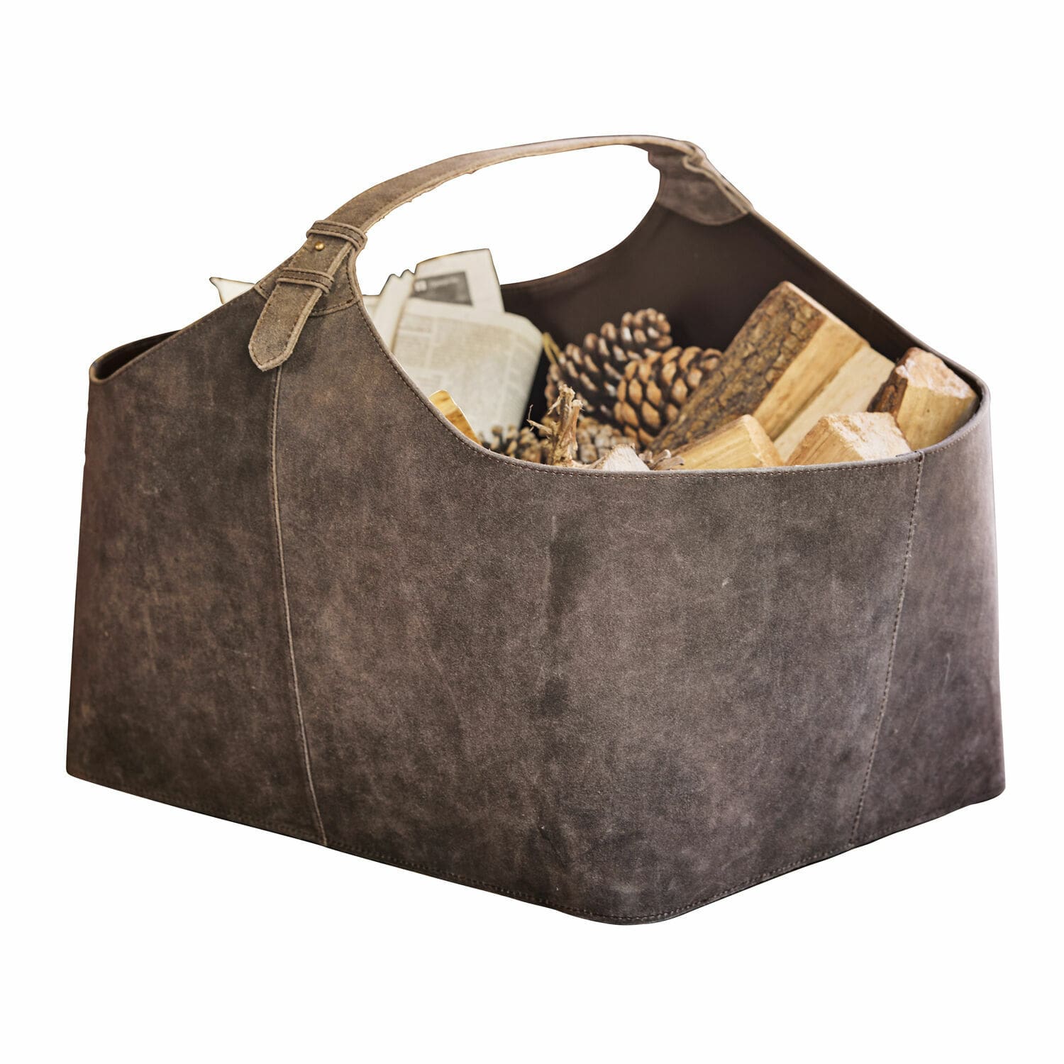 Corbeille Redmarsh Panier en cuir marron avec poignée, rempli de bois et de pommes de pin pour cheminée