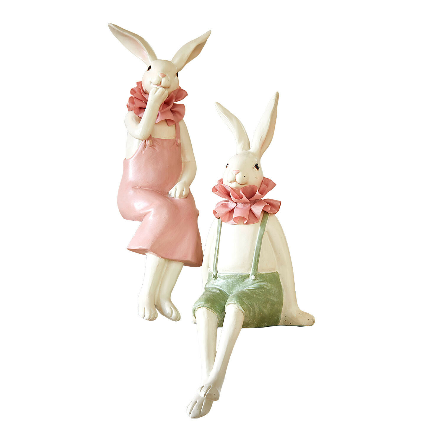 Lot de 2 lapins décoratifs Vent Élysien Deux figurines de lapins décoratifs en céramique avec vêtements pastel et collerettes roses