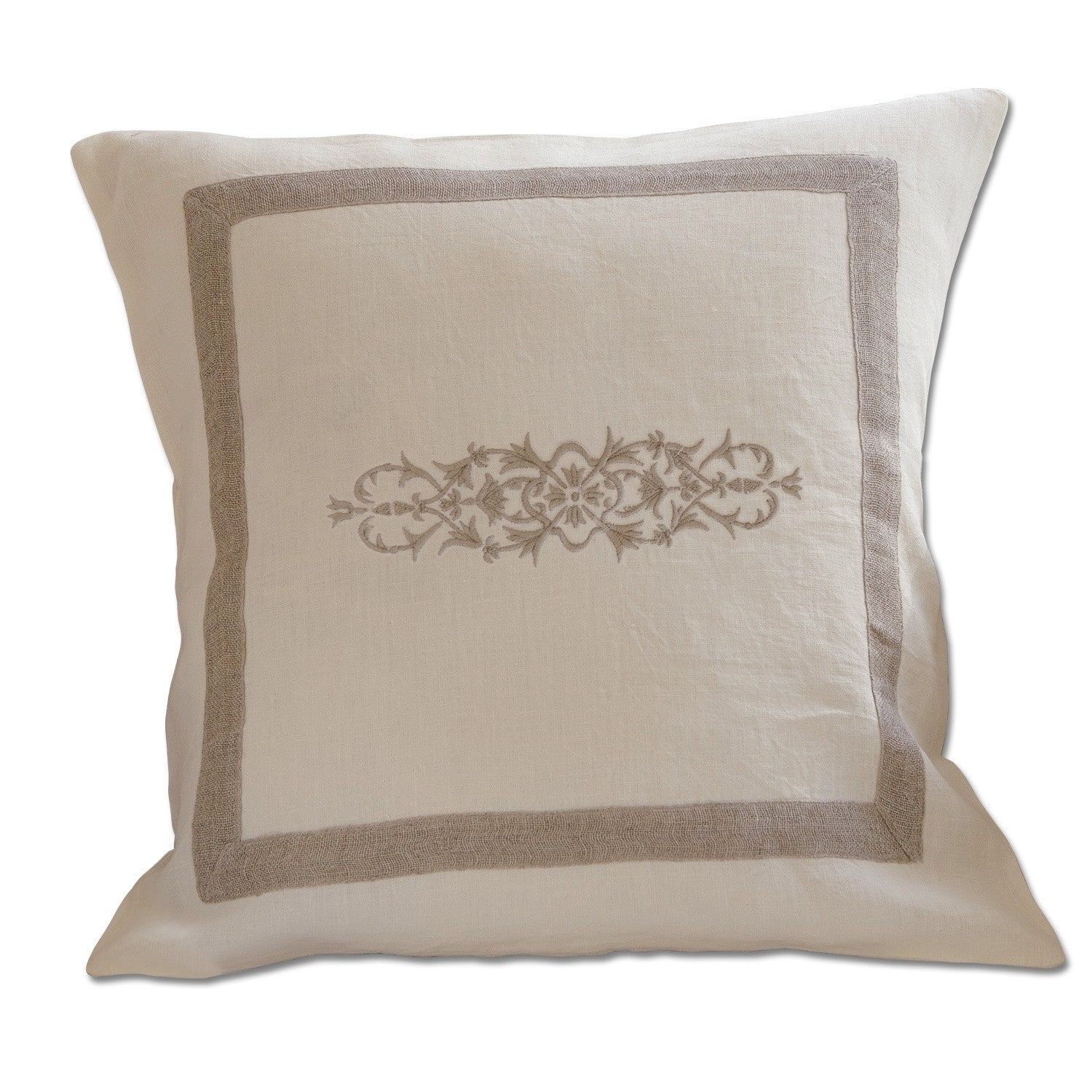 Housse de coussin Eppeville Housse de coussin en lin beige avec broderie centrale et bordure, décoration intérieure élégante