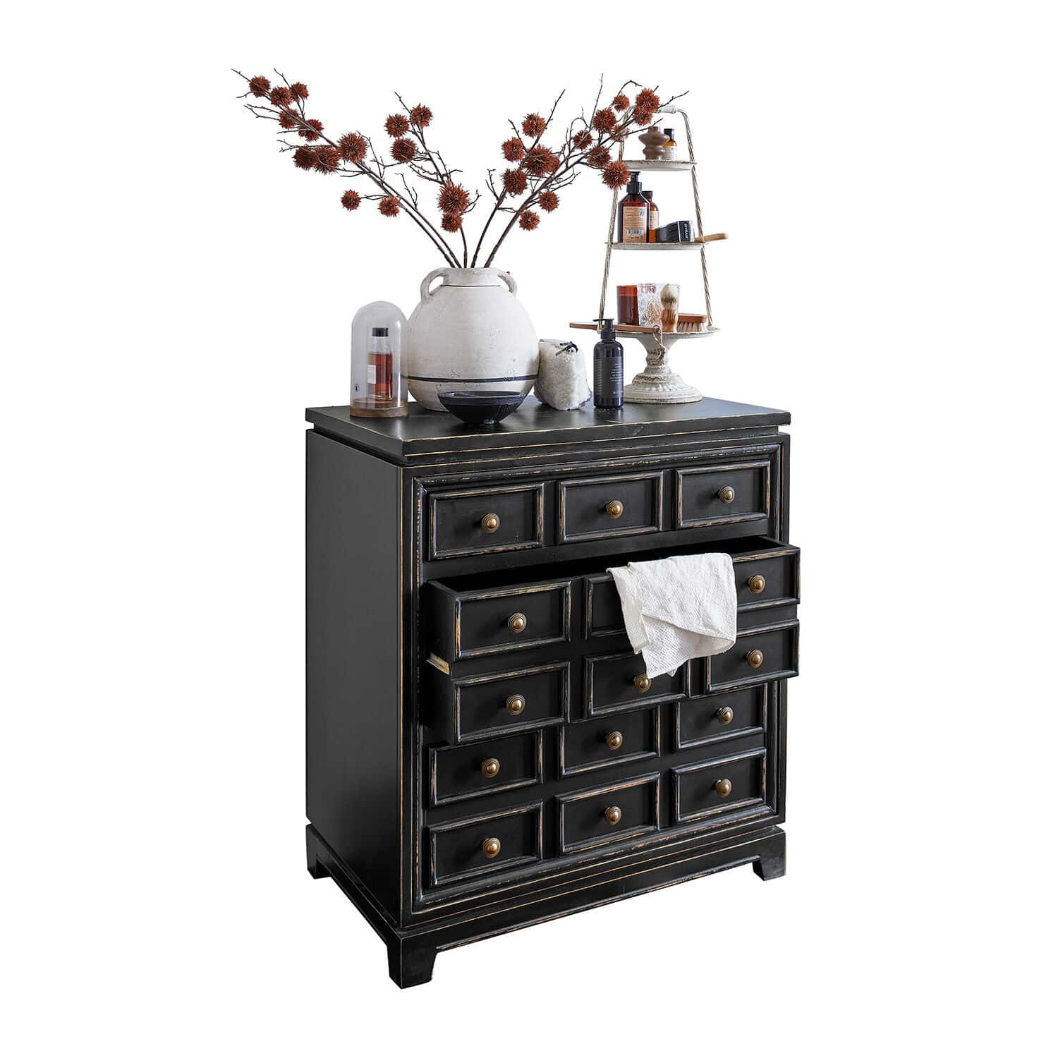 Commode Néryville Commode noire en bois avec multiples tiroirs et poignées décoratives, style vintage