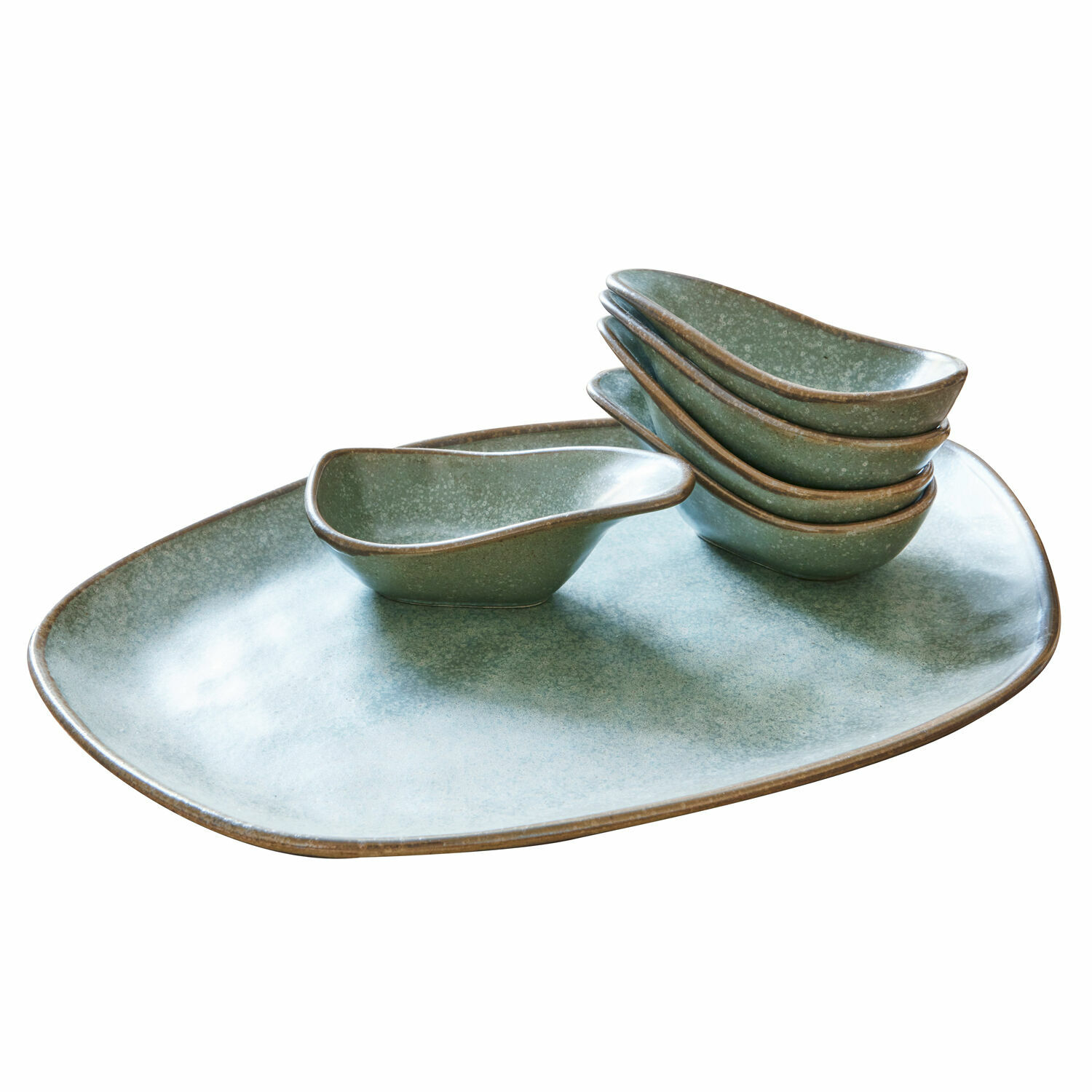 turquoise/marron Ensemble de 6 coupelles en céramique turquoise et marron Biarritz sur un grand plateau pour apéritifs