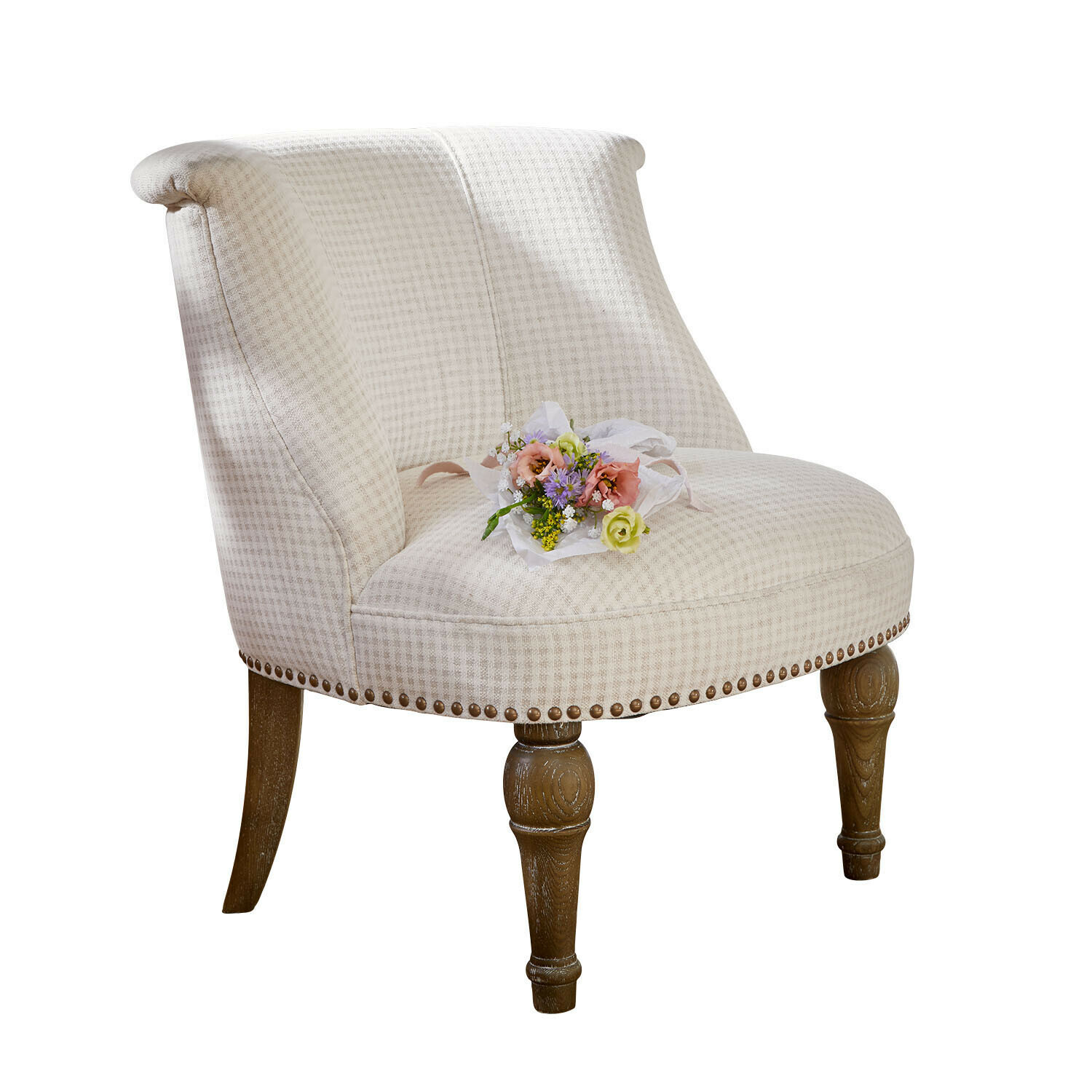 beige/marron Fauteuil Francet beige en tissu à carreaux avec pieds en bois marron, meuble élégant pour salon
