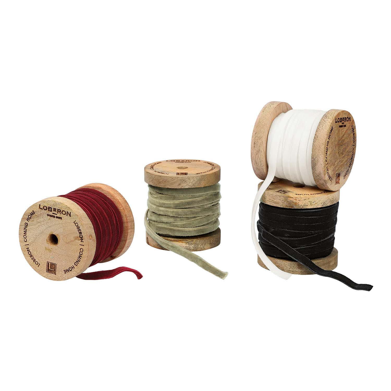 Lot de 4 rubans de velours Hilary Ensemble de bobines en bois avec rubans en velours rouge, vert, blanc et noir pour décoration et couture