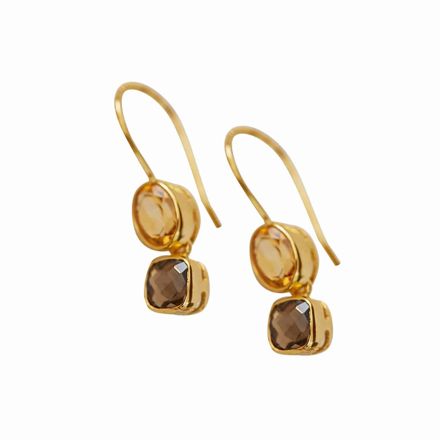 Boucles d'oreilles Ovique Boucles d'oreilles dorées avec deux pierres facettées marron, bijou élégant pour femme
