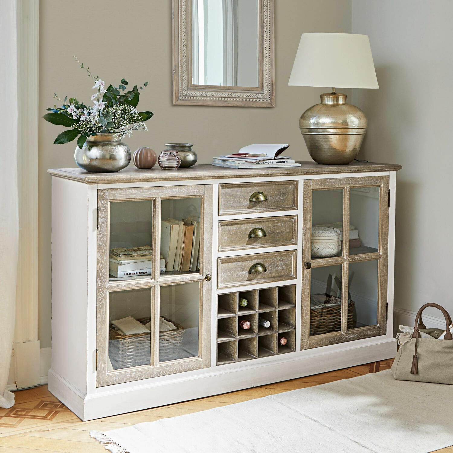 Commode Magoffin Buffet en bois blanc et naturel avec tiroirs et rangement à vin pour salon élégant