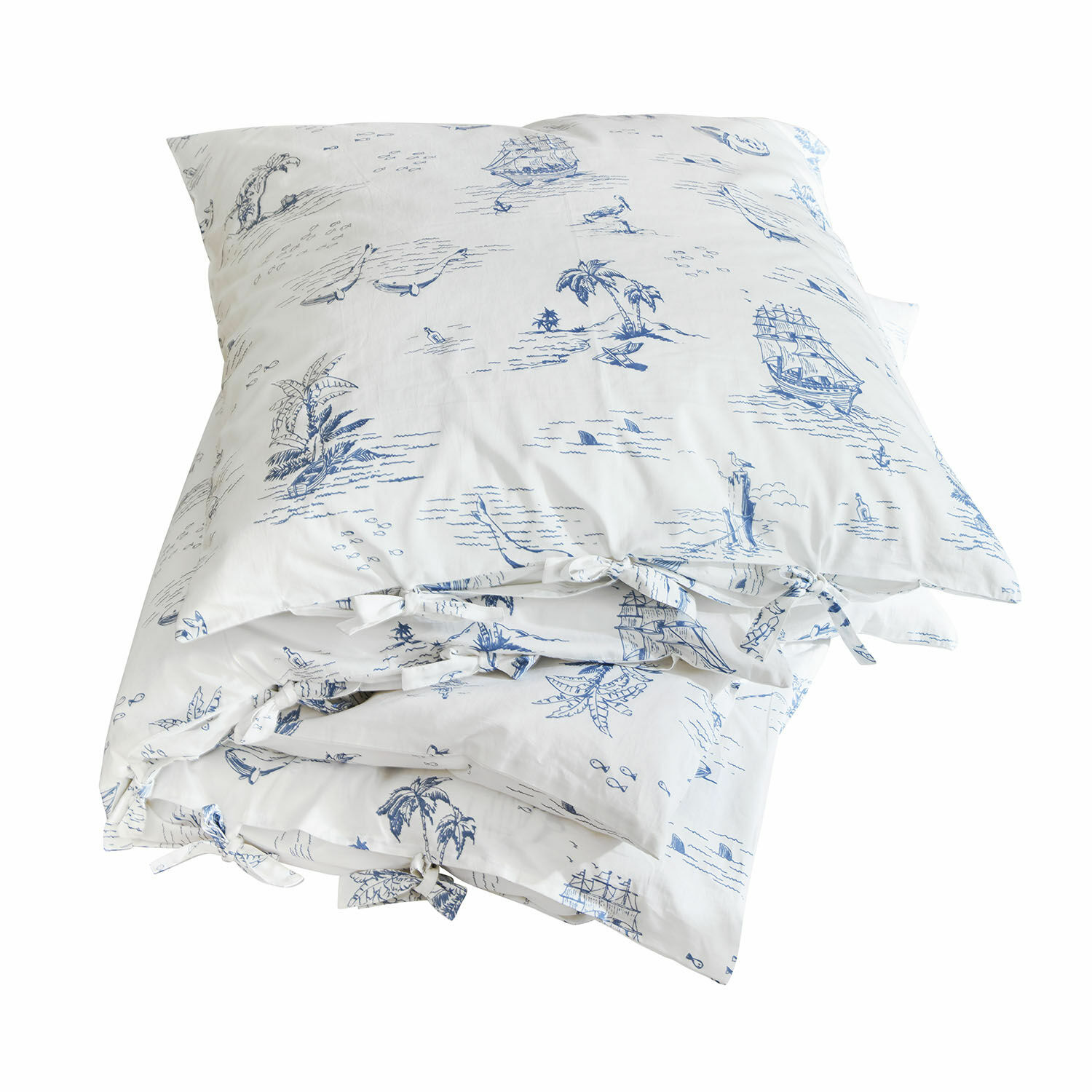 Parure de lit Douxie Parure de lit en coton blanc avec motifs marins bleus, voiliers et palmiers, linge de maison décoratif