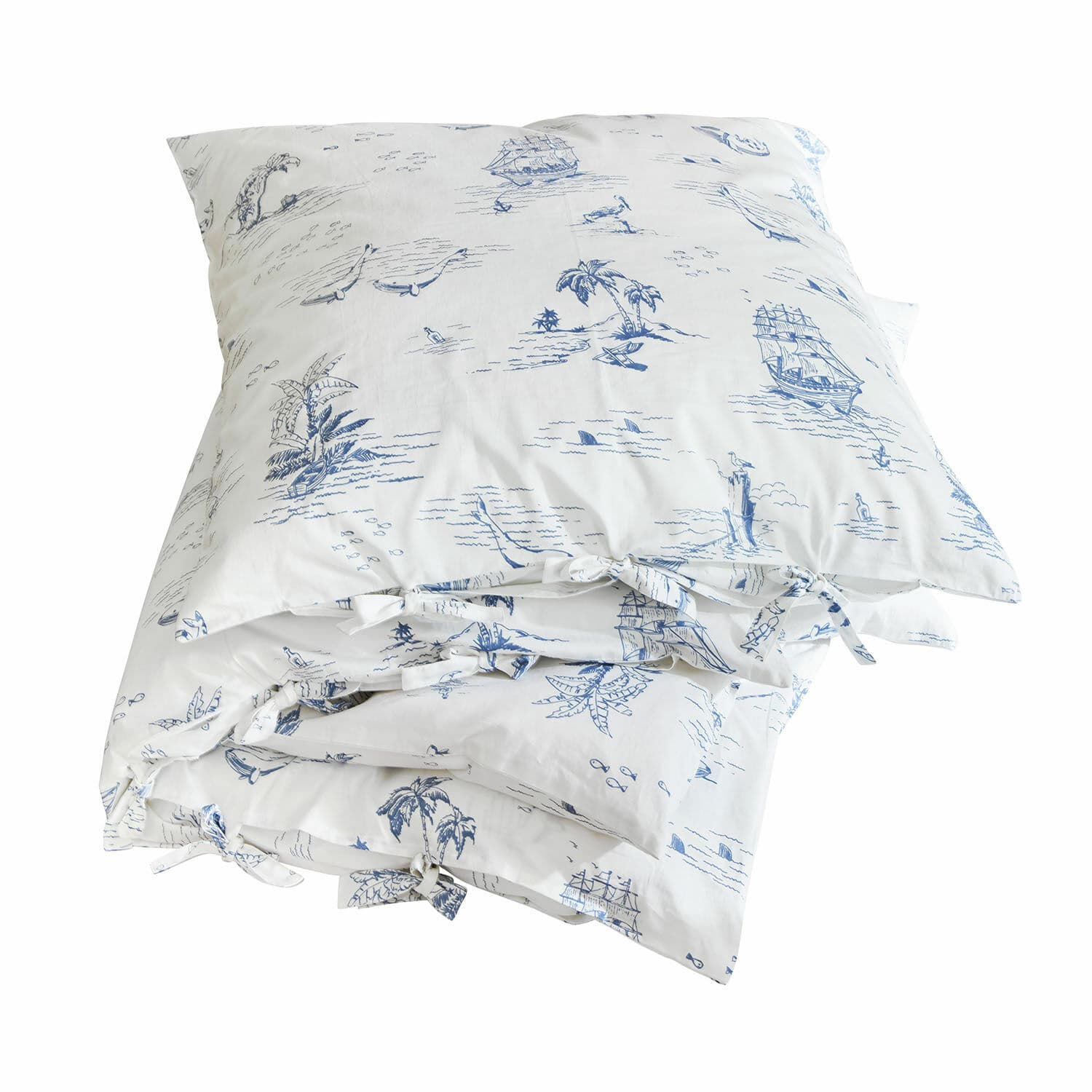 Parure de lit Douxie Parure de lit en coton blanc avec motifs marins bleus, voiliers et palmiers, linge de maison décoratif
