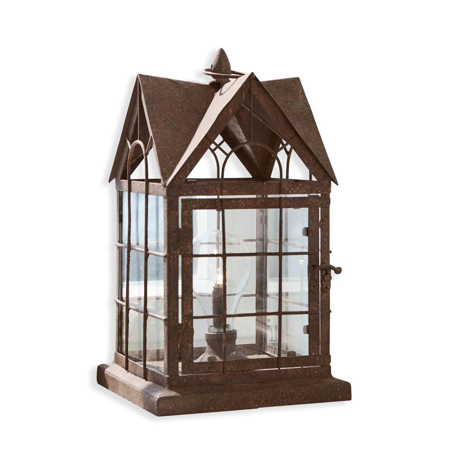 Lanterne LED Manor House Lanterne en métal brun en forme de maison avec verre transparent pour décoration intérieure