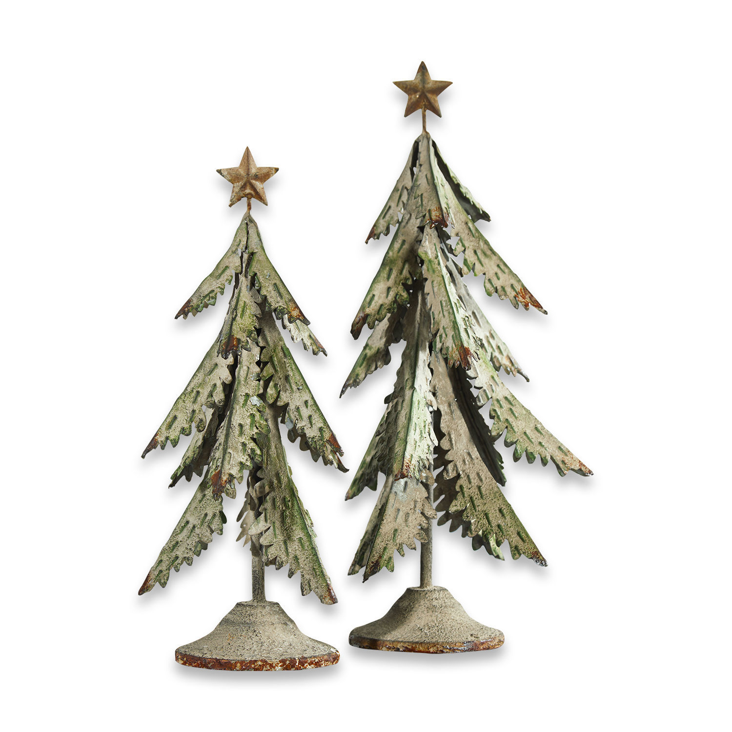 Lot de 2 sapins décoratifs Cour Deux sapins décoratifs en métal vert-gris avec étoiles au sommet, décoration de Noël vintage