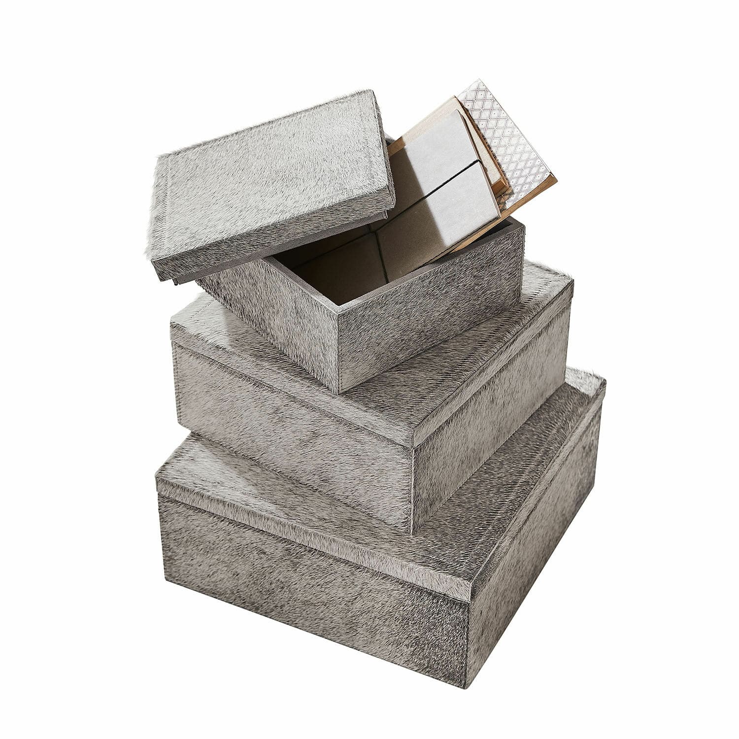 Lot de 3 boîtes Kélisandre Ensemble de trois boîtes de rangement grises en matière imitation fourrure, pratiques et décoratives