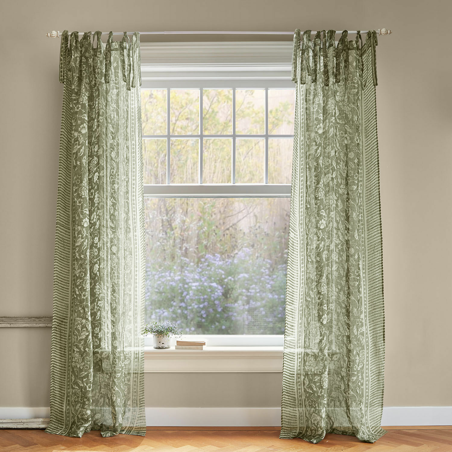 Rideau Ovixal Rideaux verts transparents à motif floral en tissu léger pour décoration de fenêtre élégante