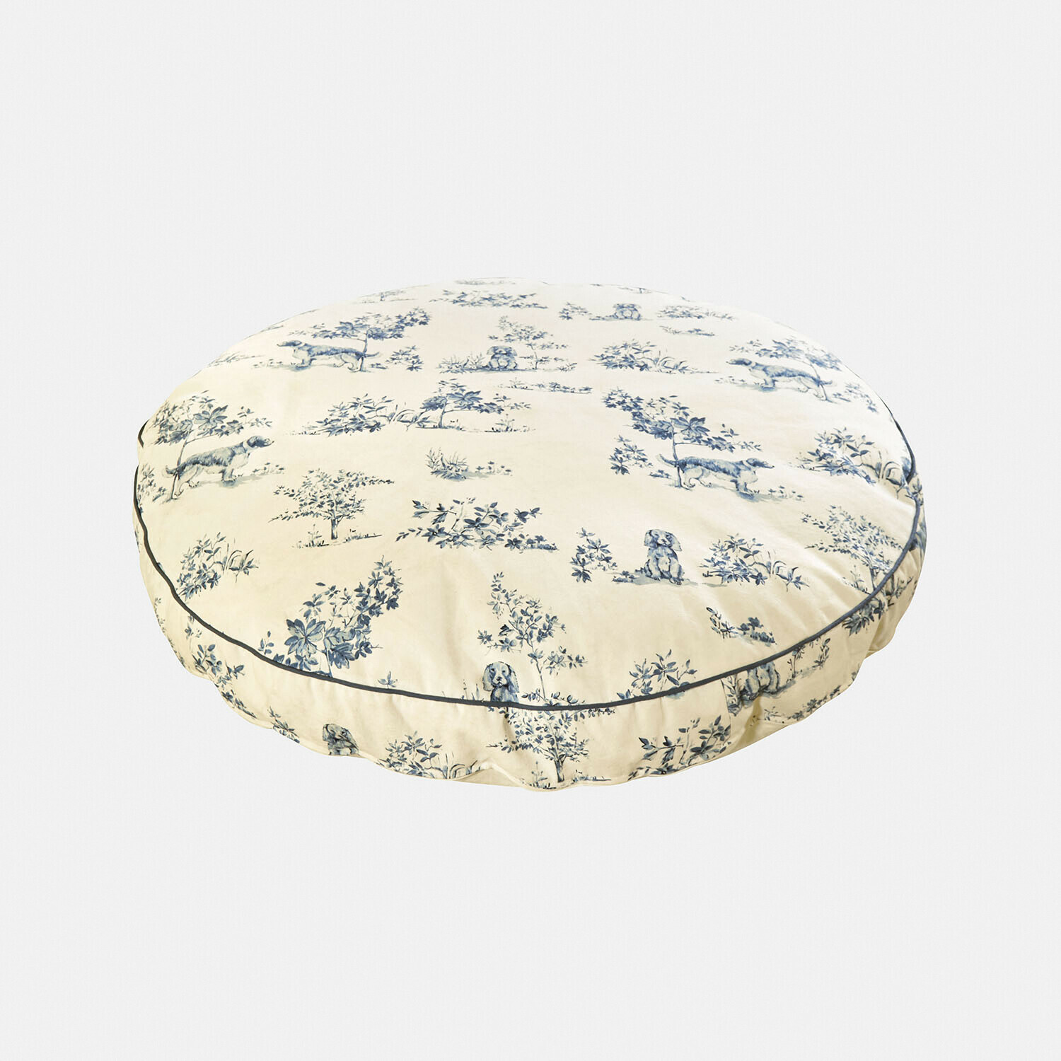 Coussin pour chien Ymélorine Coussin rond en coton crème avec motif bleu de chiens et feuillages pour décoration intérieure