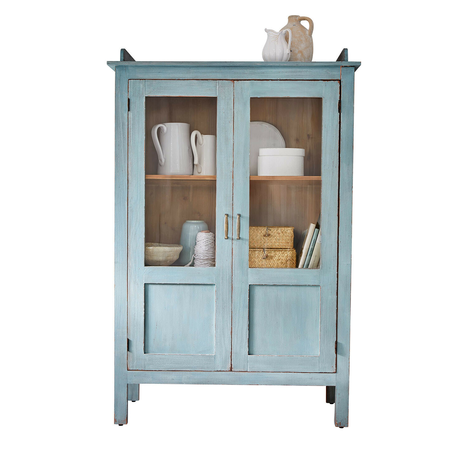 Vitrine Nouvellese Armoire en bois bleu avec portes vitrées et vaisselle décorative à l'intérieur