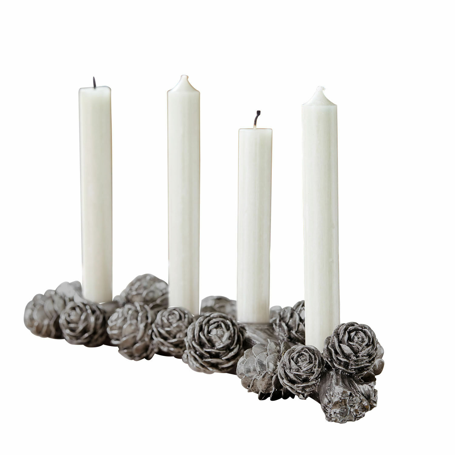 Bougeoir Arasta Bougeoir décoratif gris avec pommes de pin et bougies blanches, décoration intérieure festive