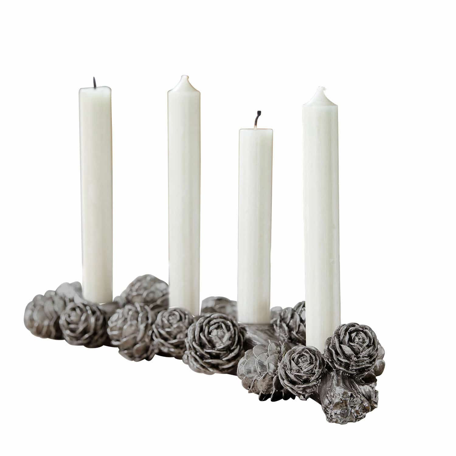 Bougeoir Arasta Bougeoir décoratif gris avec pommes de pin et bougies blanches, décoration intérieure festive