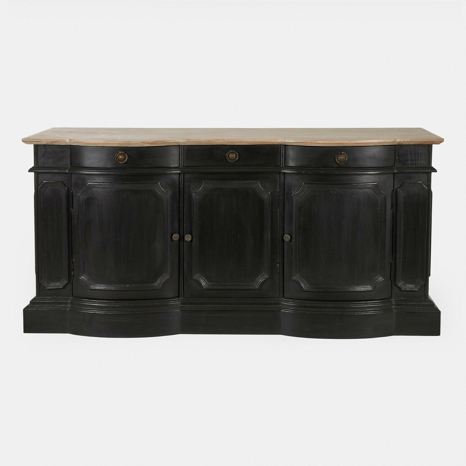 Buffet Rélovine Buffet en bois noir avec plateau clair et portes décoratives, meuble de salon élégant