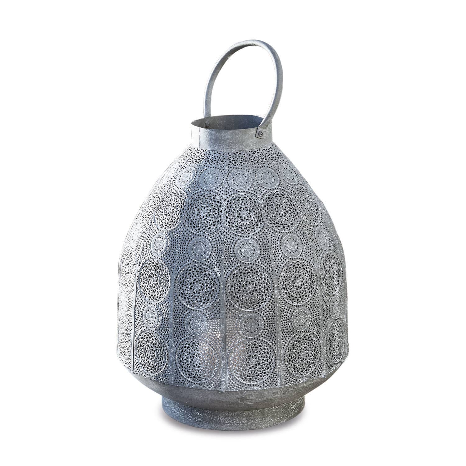 Lanterne Morlet Lanterne en métal gris avec motif ajouré et poignée pour un transport facile