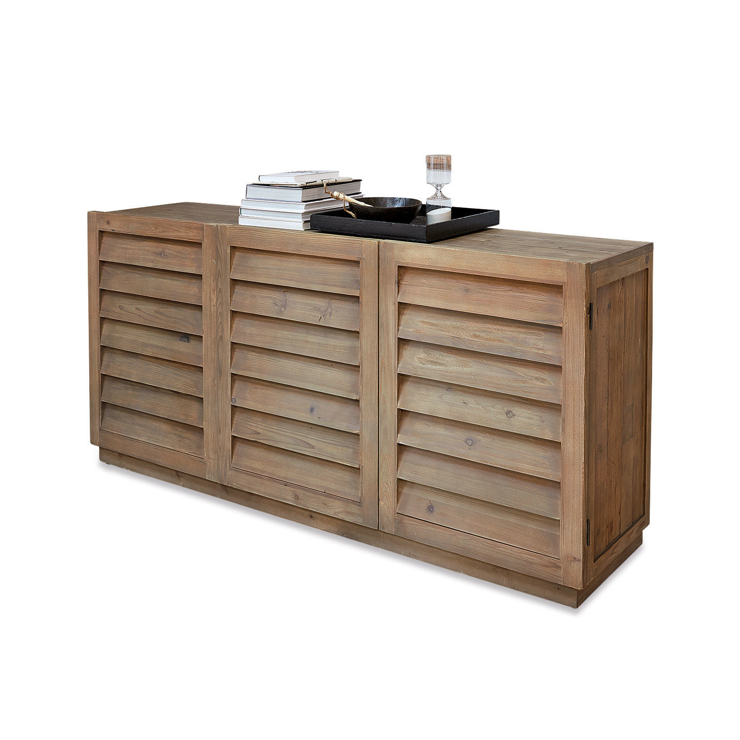 Commode Lens Buffet en bois naturel avec trois portes à lamelles, style rustique, meuble de salon pratique