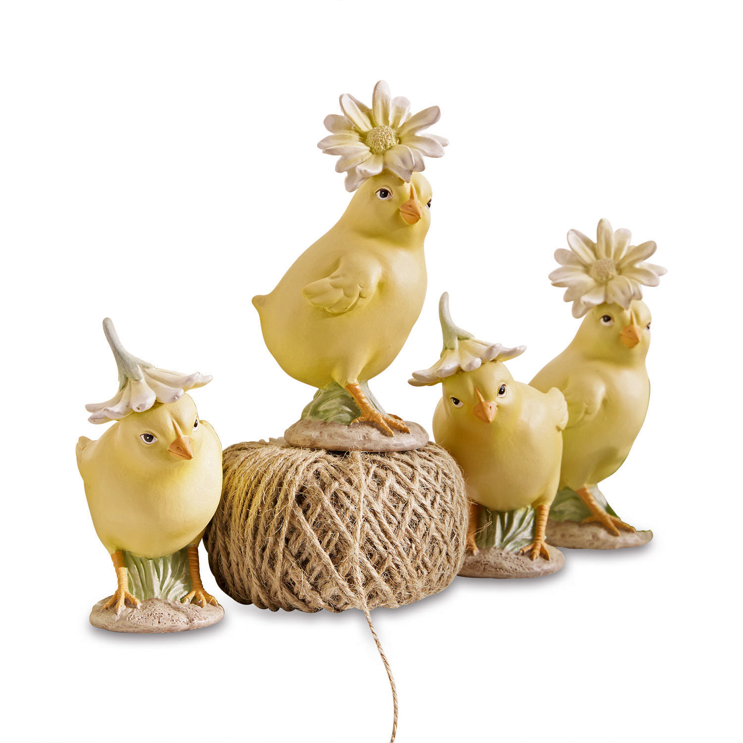 Lot de 4 poussins Garsonne Ensemble de quatre poussins jaunes en céramique avec chapeaux floraux pour décoration printanière