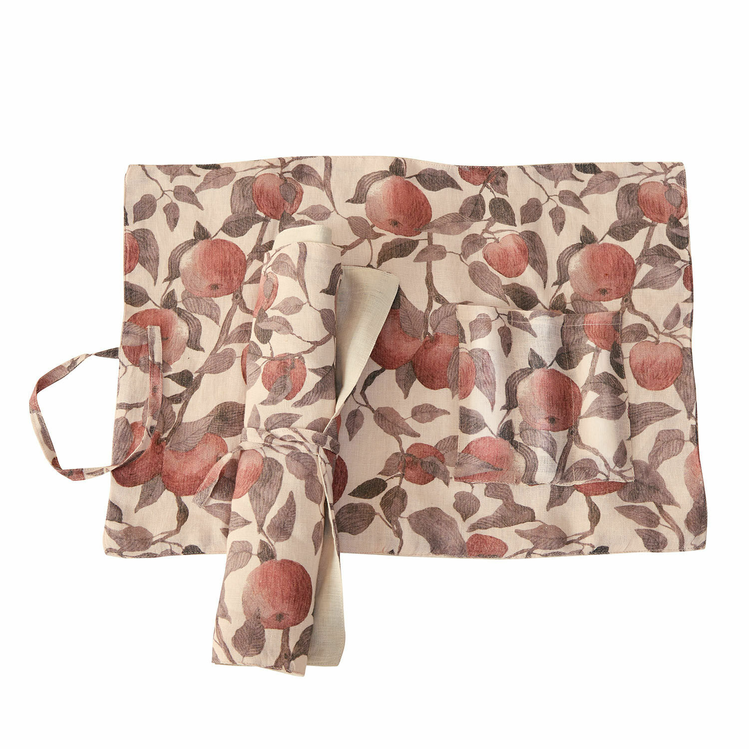 Lot de 2 sets de table Zaveline Tablier en lin beige avec motif de pommes rouges et poches, accessoire de cuisine