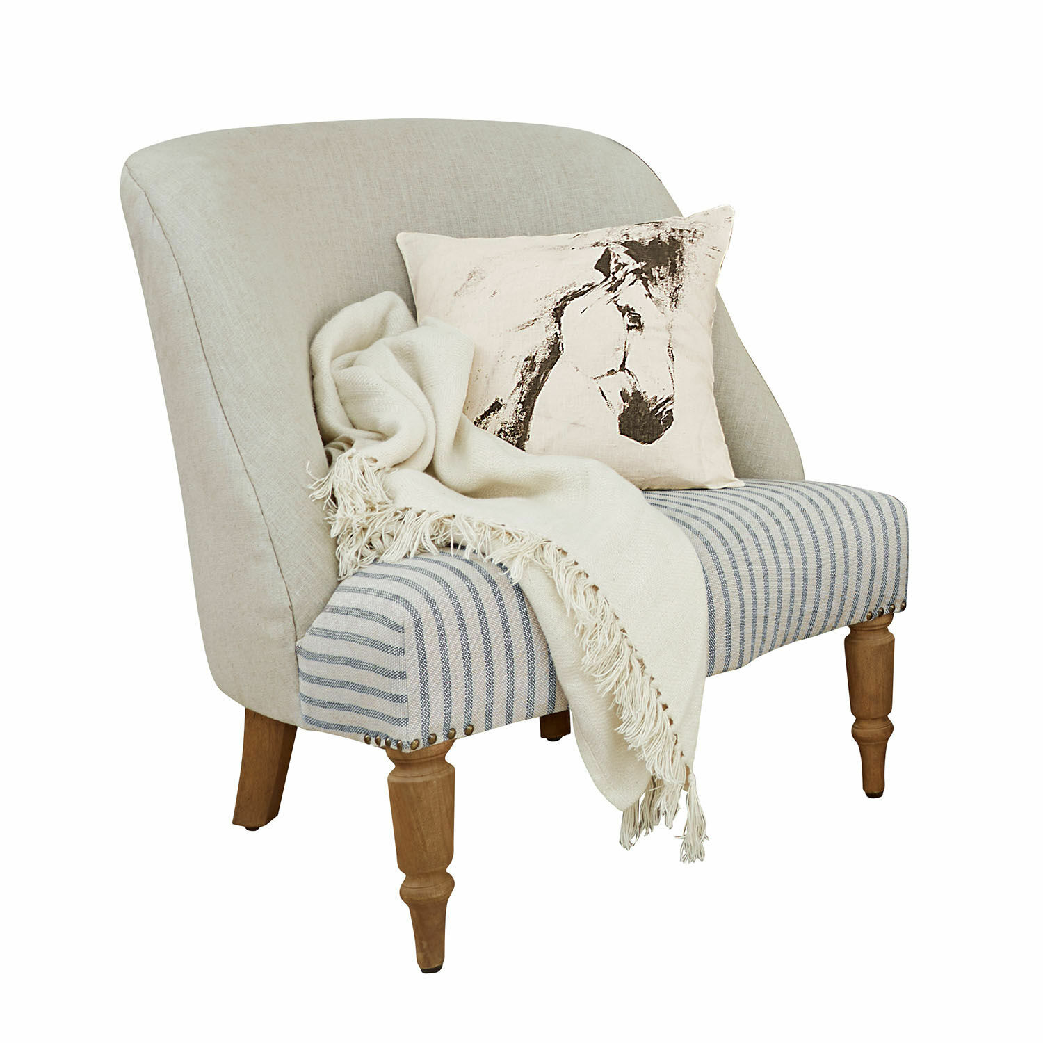 Fauteuil Maplewood Fauteuil beige avec pieds en bois, assise rayée et coussin décoratif avec motif cheval