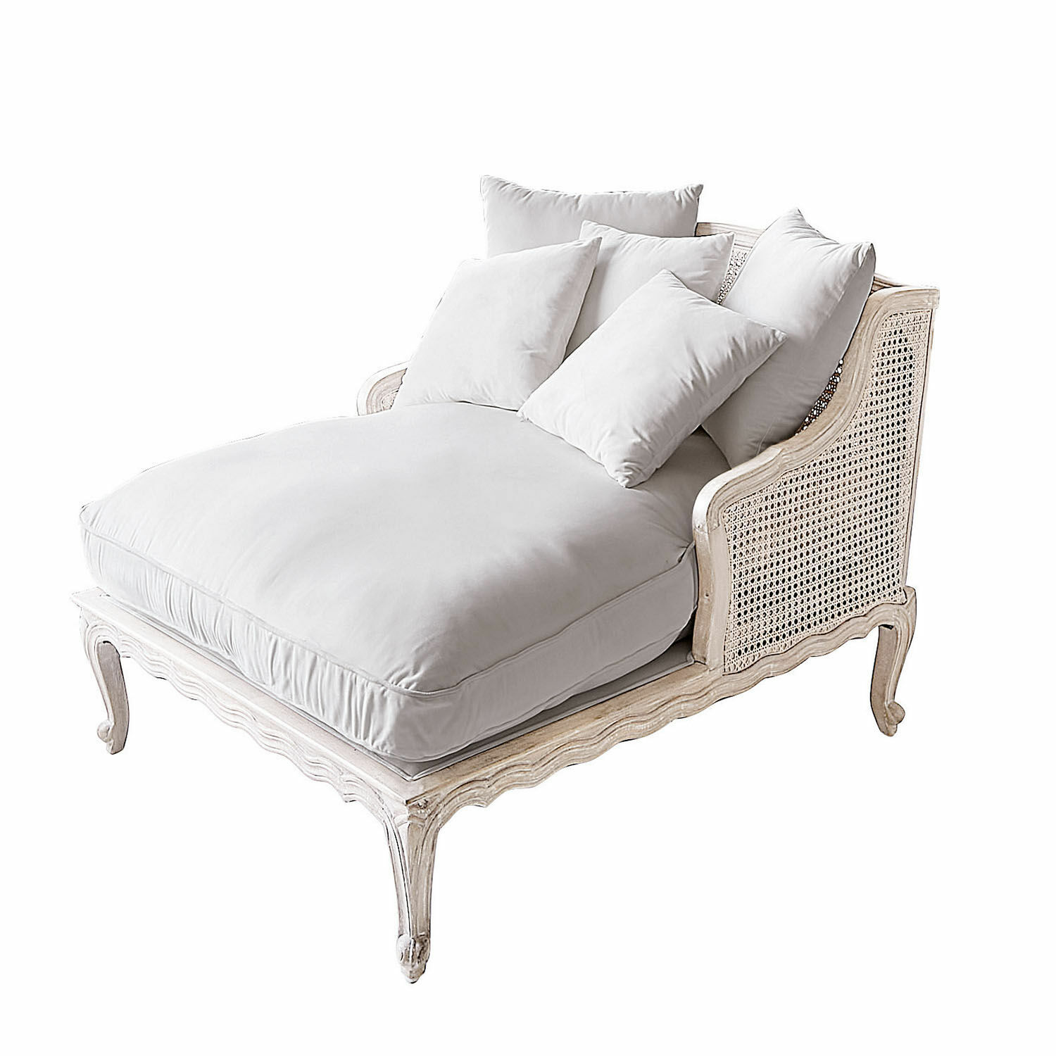 marron Chaiselongue Dronne en bois brun clair avec coussins blancs, meuble confortable pour salon
