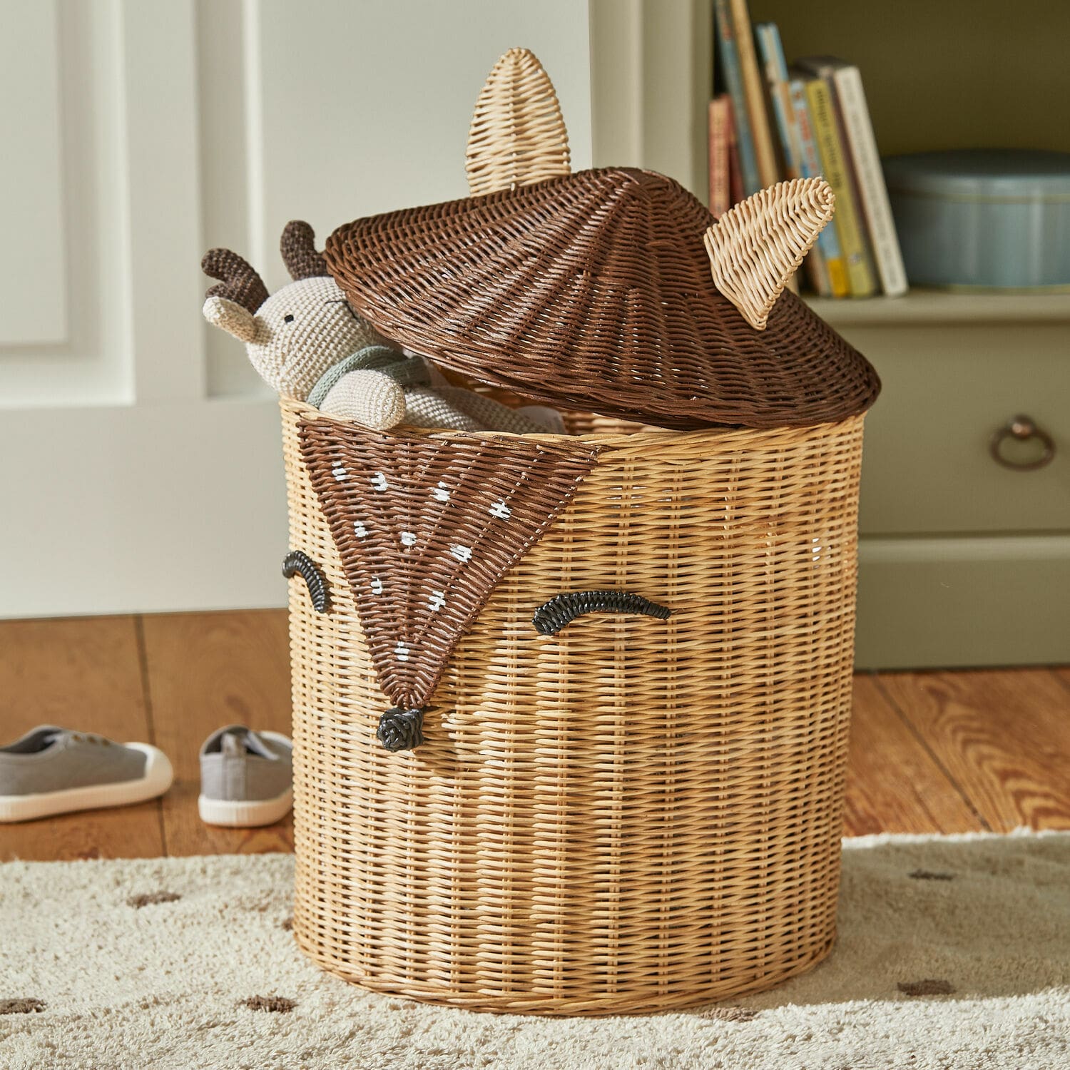 Panier Irélise Panier en rotin en forme de renard marron naturel avec jouet à l'intérieur, rangement pour jouets