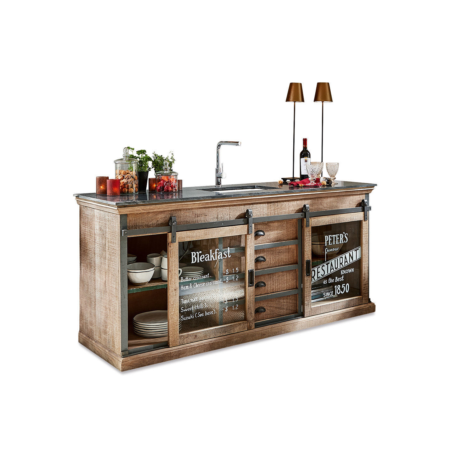 Meuble et évier Holbrook Îlot de cuisine en bois avec plan noir et portes vitrées imprimées d'un menu de petit-déjeuner