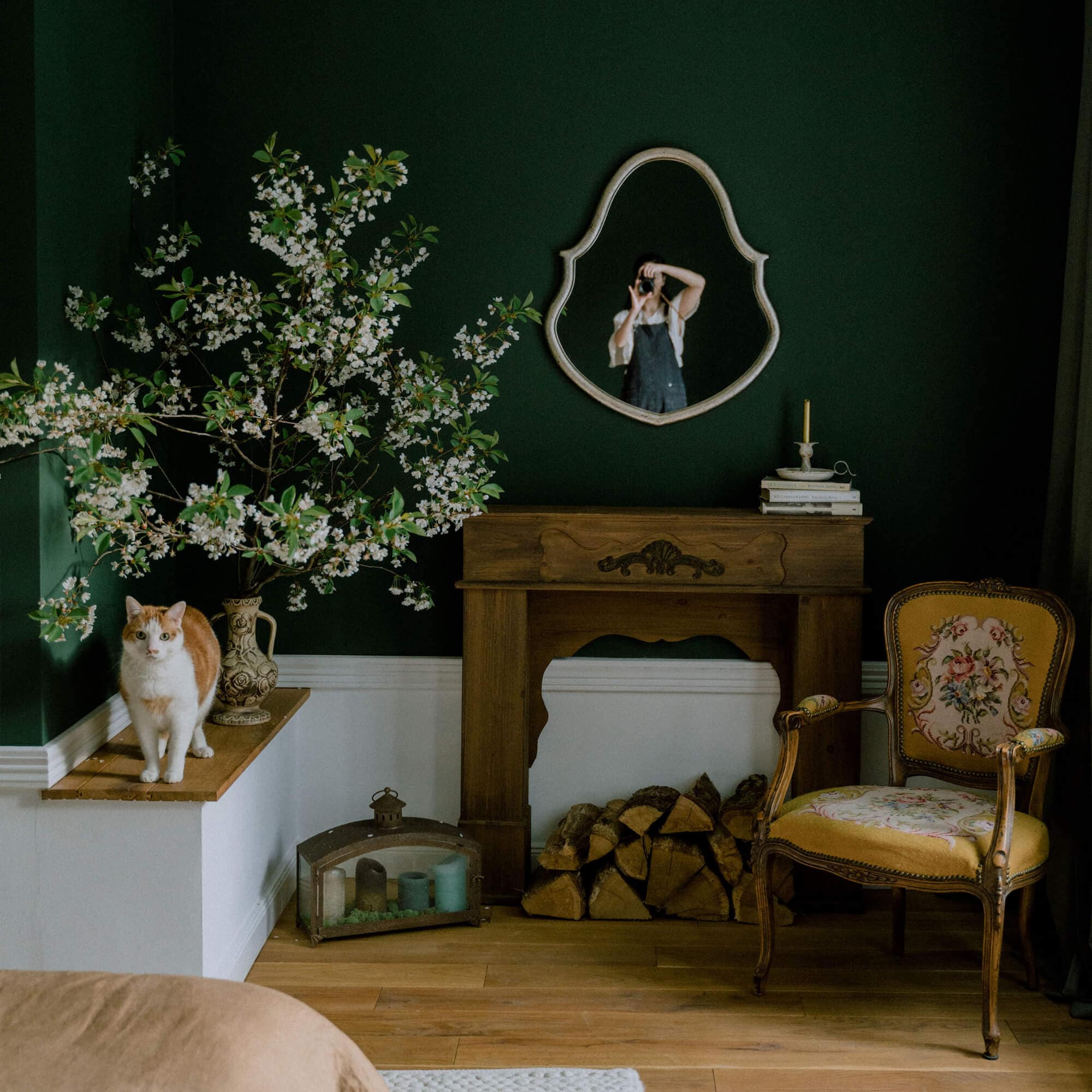 Salon chaleureux avec mur vert foncé, cheminée en bois, fauteuil jaune fleuri et chat sur une étagère